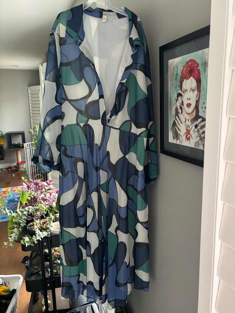 Blue & Green Abstract Midi Dress with V-Neck